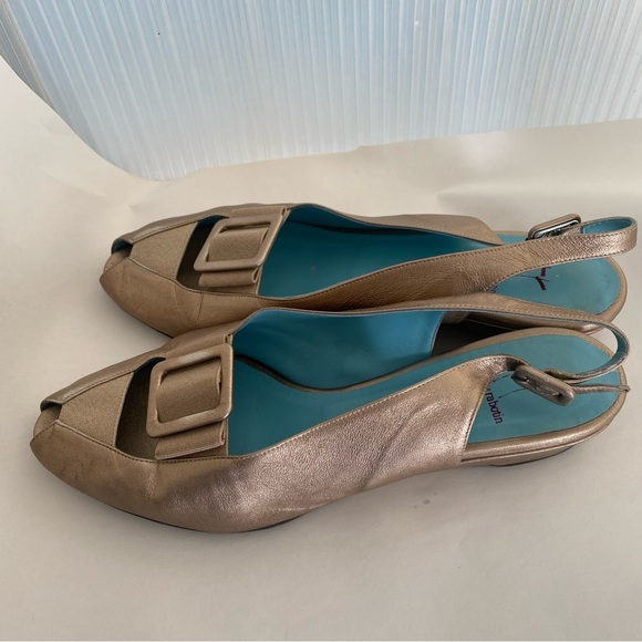 Thierry Rabotin Peep Toe Slingback Gold Wedge Heel Shoes   Size 9 - Picture 2 of 8